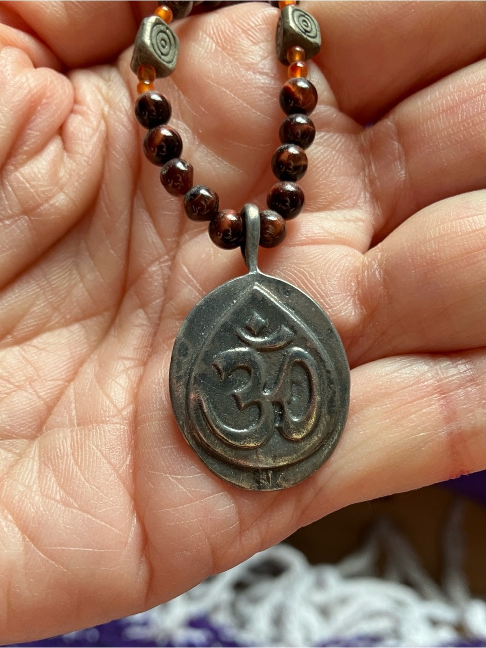 Boho Brown Bead Necklace with Silver Om Pendant